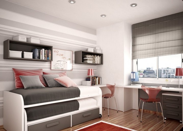 Neat-Inspirational-Space-Saving-Pull-Bunk-Bed-Design-Feat-Red-Clear-Desk-Chair-And-Chic-Gray-Bedroom-Wall-Paint-1220x871-718x513